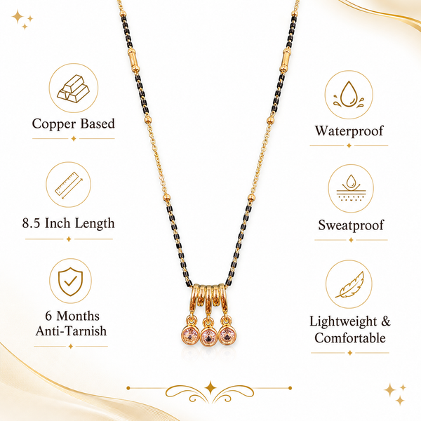 KZ Gold Plated Temple 3 Drop CZ Mangalsutra for Women Black Bead Chain Traditional Bar Pendant FS