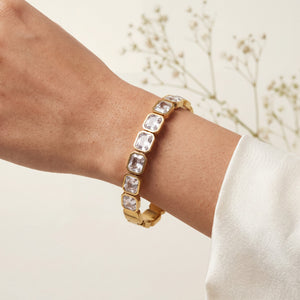 Princess Cut Bezel CZ Eternity Baby Kada Bangle | Gold Plated Five Stone Statement Bracelet for Women