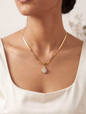 Gold Teardrop CZ Pendant Snake Chain Anti-Tarnish Necklace