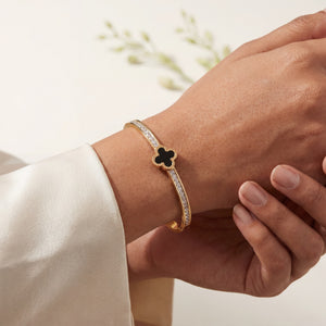 Black Four Leaf Clover Pave CZ Baby Kada Bangle | Gold Plated Lucky Charm Cuff Bracelet for Women