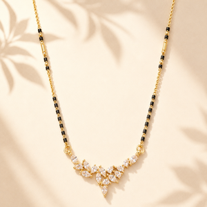 KZ Gold Plated V Shape Marquise CZ Mangalsutra for Women Black Bead Chain Cascading Fan Pendant FS