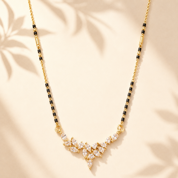 KZ Gold Plated V Shape Marquise CZ Mangalsutra for Women Black Bead Chain Cascading Fan Pendant FS