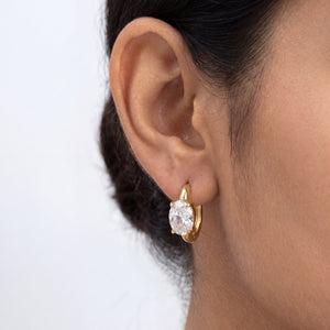 Gold Plated Oval CZ Solitaire Huggie Hoop Earrings
