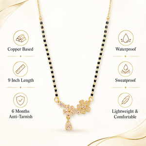 KZ Gold Plated Floral Marquise CZ Mangalsutra for Women Black Bead Chain Butterfly Pear Drop Pendant FS