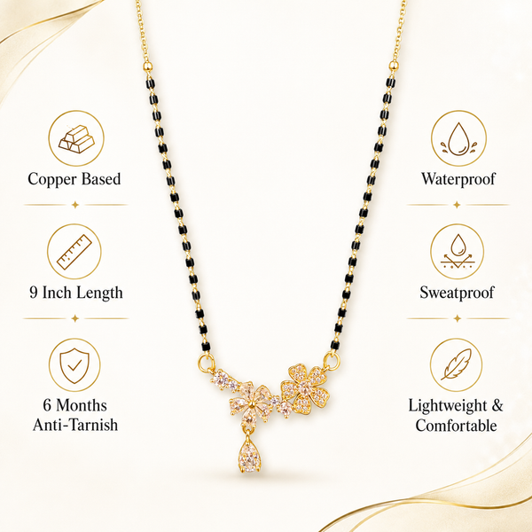 KZ Gold Plated Floral Marquise CZ Mangalsutra for Women Black Bead Chain Butterfly Pear Drop Pendant FS