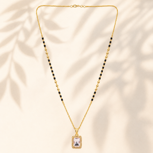 KZ Gold Plated Emerald Cut Halo CZ Mangalsutra for Women Black Bead Chain Rectangle Solitaire Pendant FS