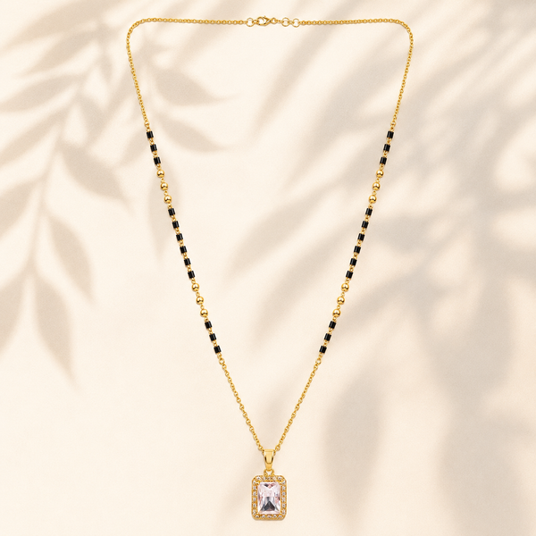 KZ Gold Plated Emerald Cut Halo CZ Mangalsutra for Women Black Bead Chain Rectangle Solitaire Pendant FS