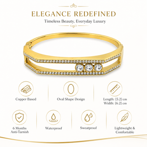 Gold Bright High Polish Diamond Oval Kada for Women | Mirror Finish Stone Stainless Steel Ladies Bangle | Glossy Festive Jewellery