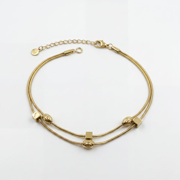 Gold Plated Double Strand Snake Chain Bracelet with Polished Bead Station Accents and Lobster Clasp