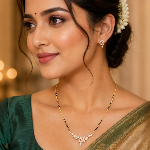 KZ Gold Plated V Shape Marquise CZ Mangalsutra for Women Black Bead Chain Cascading Fan Pendant FS