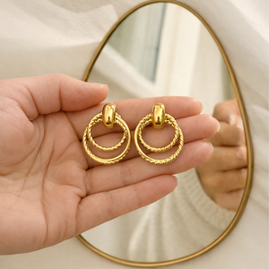 Anti-Tarnish Gold Plated Hanging 2 Spiral and 1 Plain Loop Earrings - 1 Pair