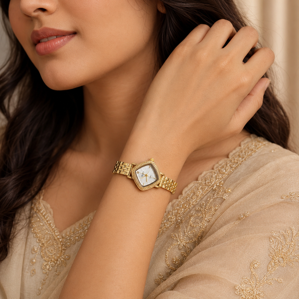 Watches Gold-Tone Cushion Dial Crystal Studded Bracelet Watch for Women