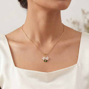 Gold Green Leaf Enamel Flower Pendant Chain Anti-Tarnish Necklace