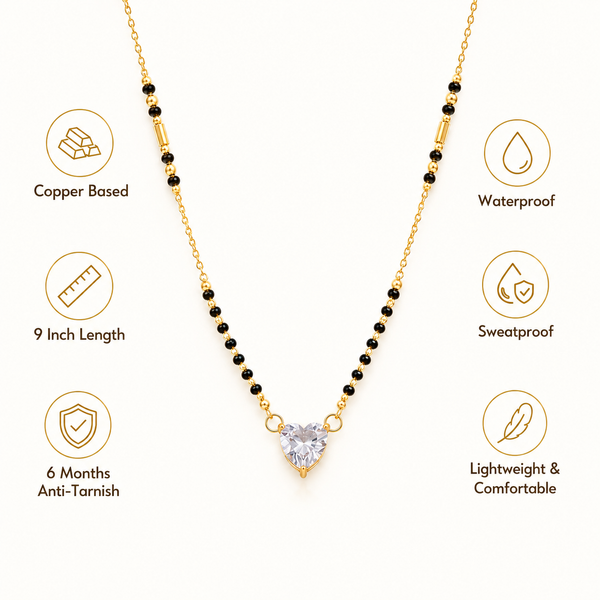 KZ Gold Plated Pink Heart Solitaire CZ Mangalsutra for Women Black Bead Chain Love Pendant FS