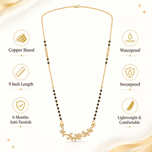 KZ Gold Plated Floral Vine Leaf CZ Mangalsutra for Women Black Bead Chain Nature Leaf Pendant FS