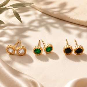 Earrings Crystal, Emerald & Black Onyx Oval Antique Stud Earrings Set of 3 Pairs