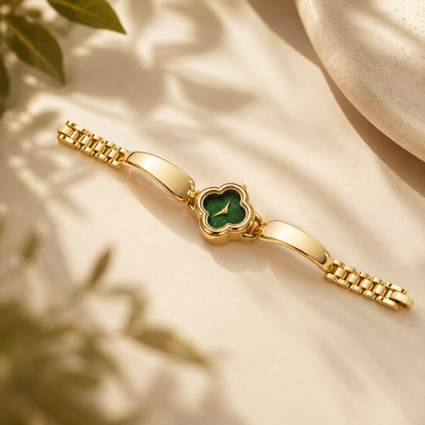 Watches Gold-Tone Clover Shape Green Dial Chain Bracelet Watch for Women