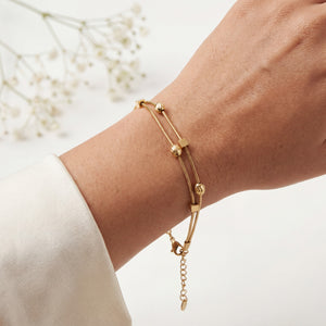 Gold Plated Double Strand Snake Chain Bracelet with Polished Bead Station Accents and Lobster Clasp