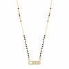 KZ Gold Plated Sliding Bar CZ Mangalsutra for Women Black Bead Chain 3 Stone Oval Frame Pendant FS