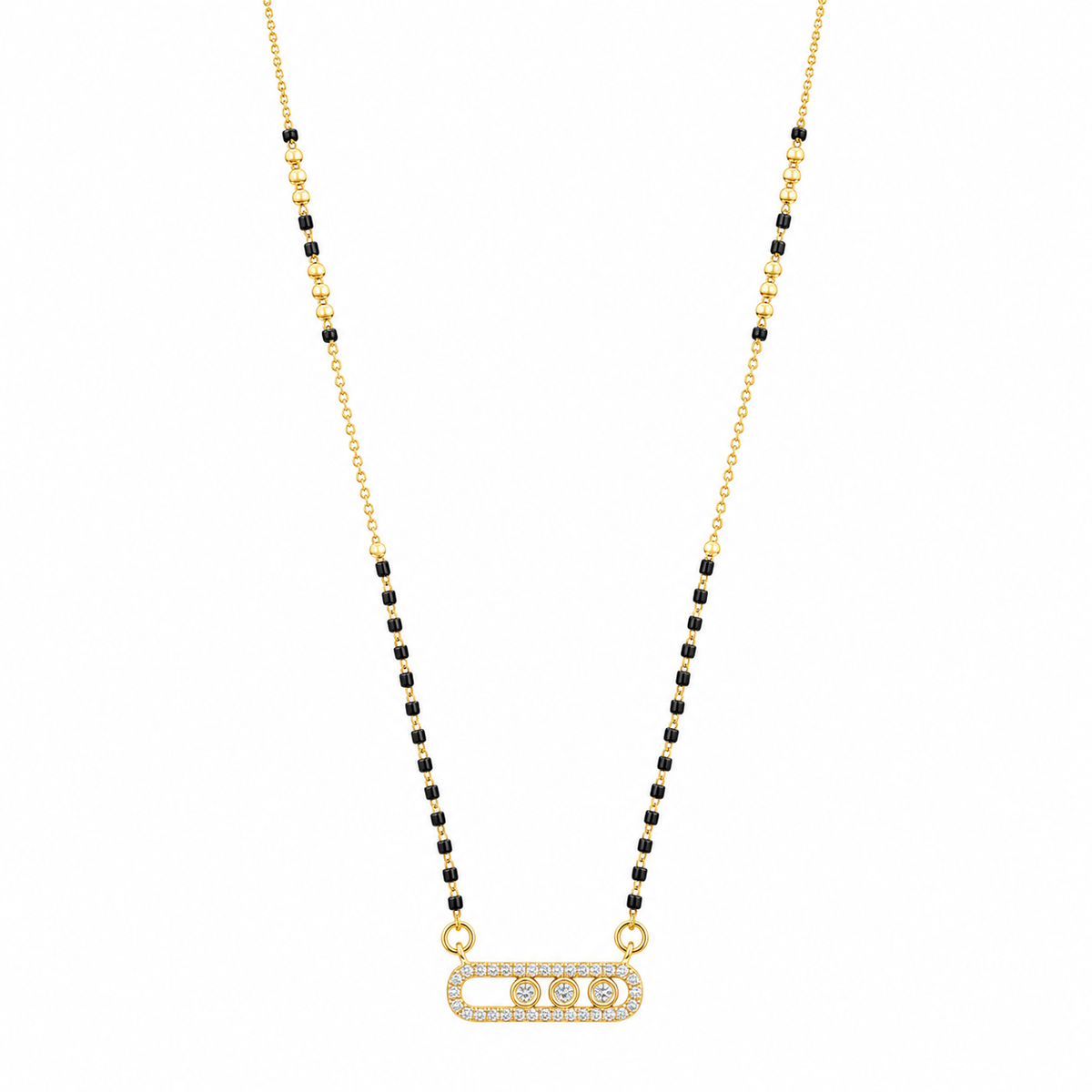 KZ Gold Plated Sliding Bar CZ Mangalsutra for Women Black Bead Chain 3 Stone Oval Frame Pendant FS