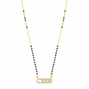 KZ Gold Plated Sliding Bar CZ Mangalsutra for Women Black Bead Chain 3 Stone Oval Frame Pendant FS