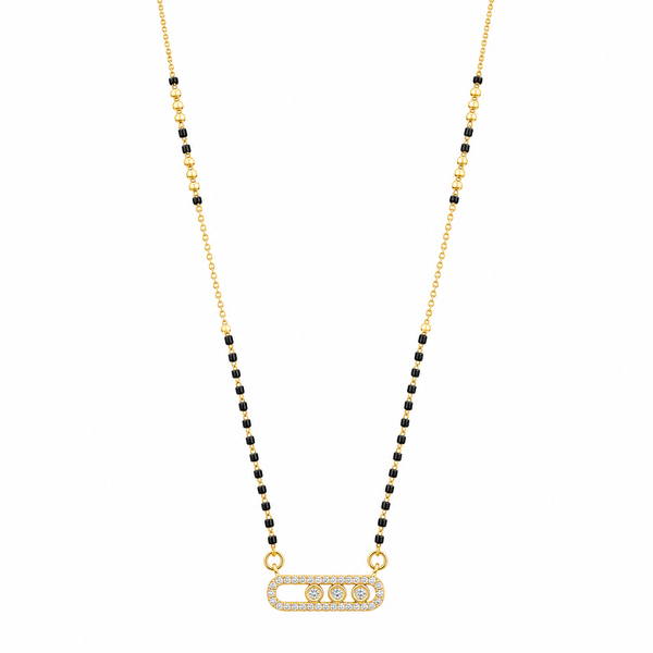 KZ Gold Plated Sliding Bar CZ Mangalsutra for Women Black Bead Chain 3 Stone Oval Frame Pendant FS