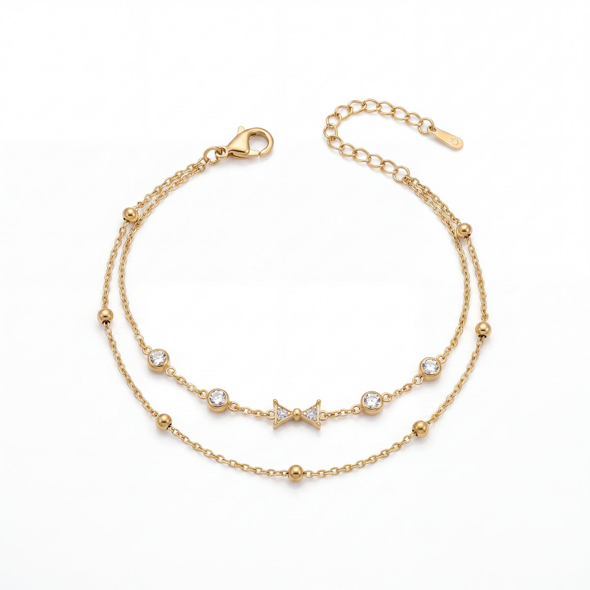 Gold Plated White Stone Bezel and Star Charm Dual Strand Beaded Chain Bracelet with Lobster Clasp