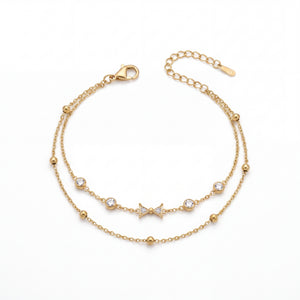 Gold Plated White Stone Bezel and Star Charm Dual Strand Beaded Chain Bracelet with Lobster Clasp