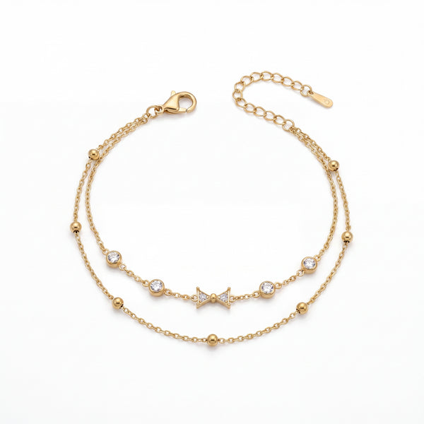 Gold Plated White Stone Bezel and Star Charm Dual Strand Beaded Chain Bracelet with Lobster Clasp