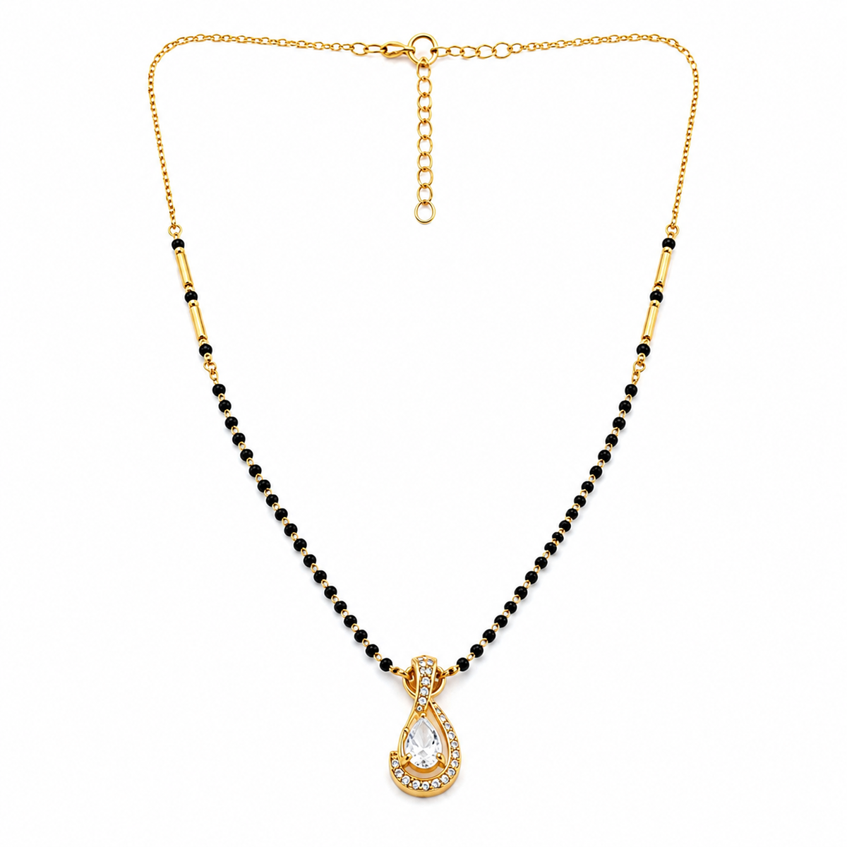 KZ Gold Plated Pear Halo CZ Mangalsutra for Women Black Bead Chain Teardrop Solitaire Pendant FS