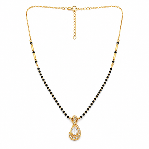 KZ Gold Plated Pear Halo CZ Mangalsutra for Women Black Bead Chain Teardrop Solitaire Pendant FS