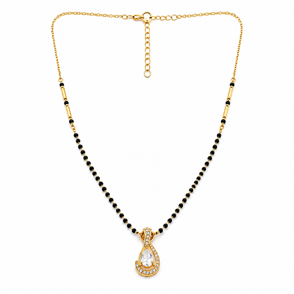 KZ Gold Plated Pear Halo CZ Mangalsutra for Women Black Bead Chain Teardrop Solitaire Pendant FS