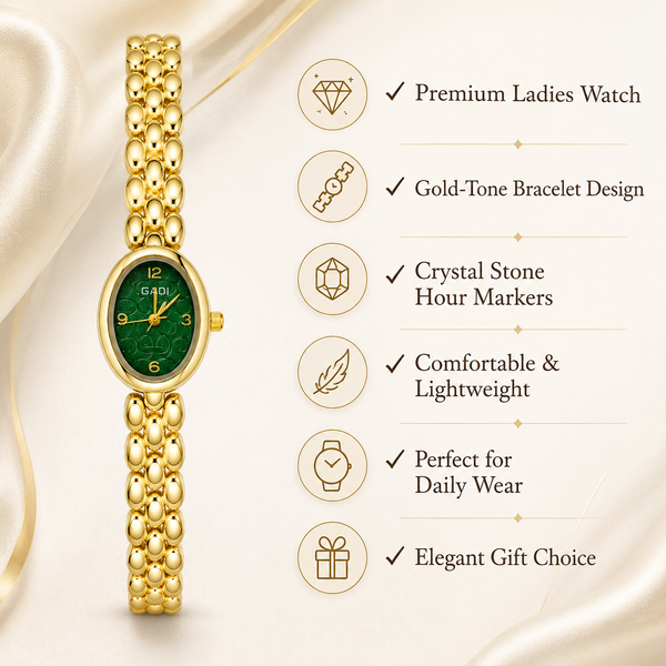 Watches Gold-Tone Oval Green Dial Chain Bracelet Watch for Women