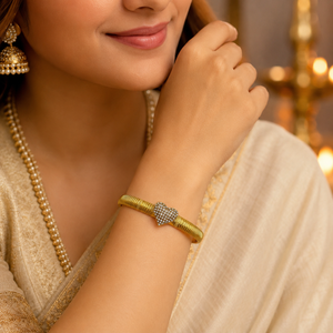 Gold Ribbed Grooved Band Single Heart Diamond Kada for Women | Striated Center Stone Stainless Steel Ladies Bangle | Elegant Festive Jewellery