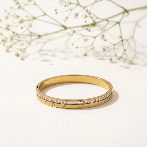 Pave CZ Bezel Accent Eternity Baby Kada Bangle | Gold Plated Slim Stackable Bracelet for Women