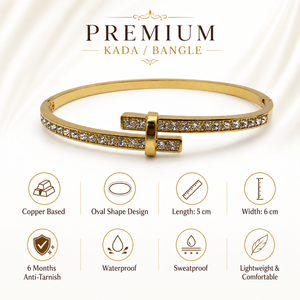 Gold Single Row Round Diamond Oval Kada for Women | Delicate Stone Band Stainless Steel Ladies Bangle | Classic Festive Jewellery
