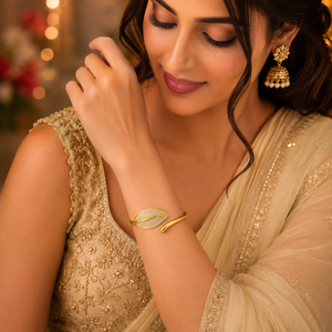 Gold Bright Satin Matte Diamond Oval Kada for Women | Dual Finish Stone Stainless Steel Ladies Bangle | Contemporary Festive Jewellery