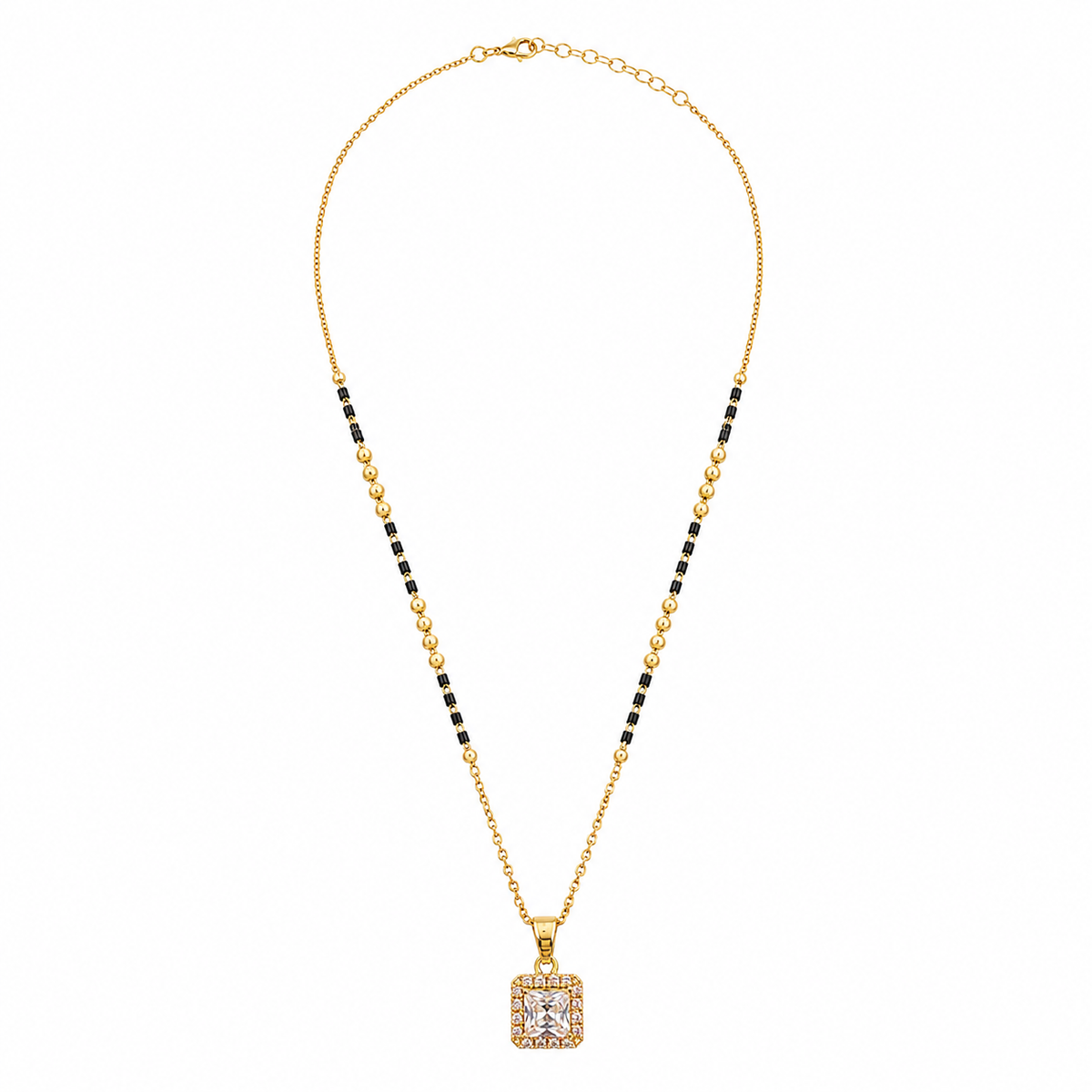 KZ Gold Plated Square Halo CZ Mangalsutra for Women Black Bead Chain Princess Cut Solitaire Pendant FS