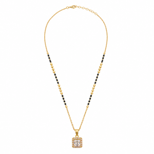 KZ Gold Plated Square Halo CZ Mangalsutra for Women Black Bead Chain Princess Cut Solitaire Pendant FS