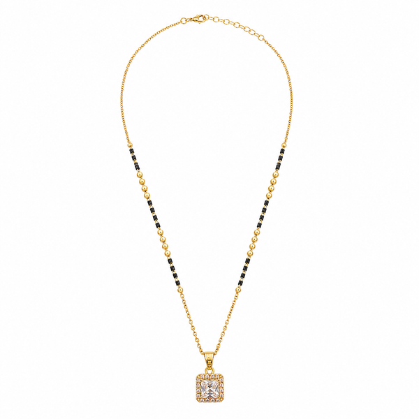 KZ Gold Plated Square Halo CZ Mangalsutra for Women Black Bead Chain Princess Cut Solitaire Pendant FS