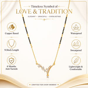 KZ Gold Plated Y Branch CZ Mangalsutra for Women Black Bead Chain Vine Floral Pendant FS