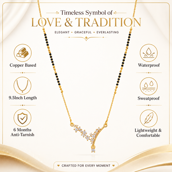 KZ Gold Plated Y Branch CZ Mangalsutra for Women Black Bead Chain Vine Floral Pendant FS