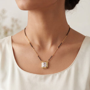 KZ Gold Plated Emerald Cut CZ Solitaire Mangalsutra for Women Black Bead Chain Rectangular Pendant FS