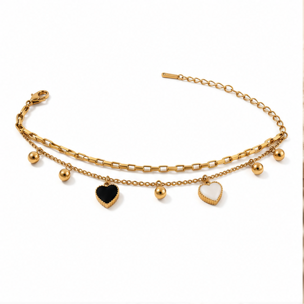 Gold Plated Double Layer Bead Chain Bracelet with Black and White Dangling Heart Charm Drops