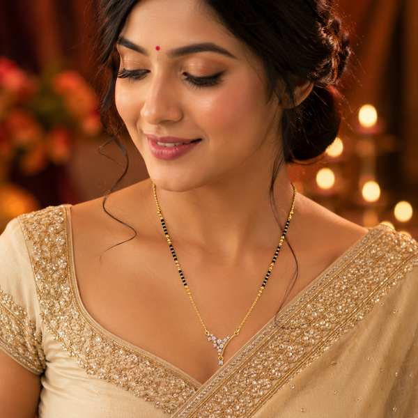 KZ Gold Plated Y Branch CZ Mangalsutra for Women Black Bead Chain Vine Floral Pendant FS