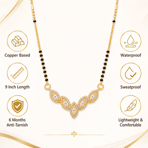 KZ Gold Plated Marquise Cluster CZ Mangalsutra for Women Black Bead Chain Floral Fan Pendant FS