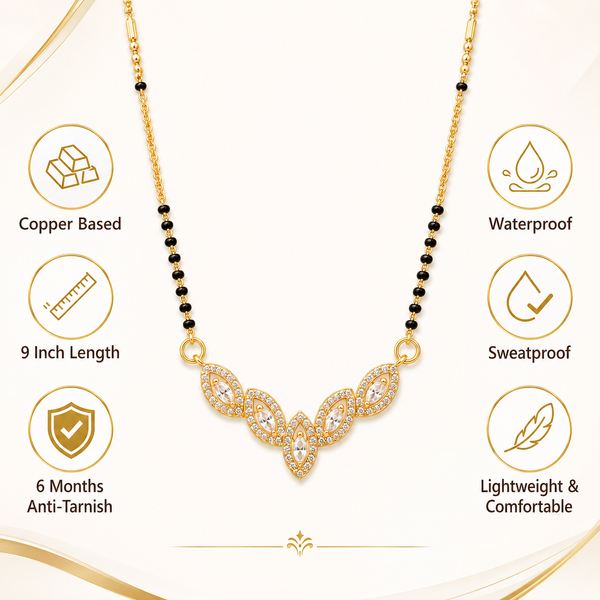 KZ Gold Plated Marquise Cluster CZ Mangalsutra for Women Black Bead Chain Floral Fan Pendant FS