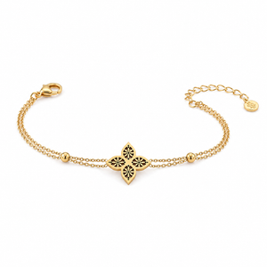 Gold Plated Oval Link Chain Bracelet with Interlocking Double Circle White Stone Halo Charm Center