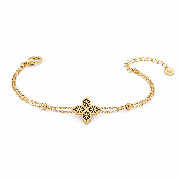 Gold Plated Oval Link Chain Bracelet with Interlocking Double Circle White Stone Halo Charm Center