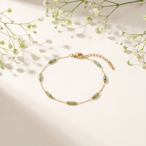 Gold Plated Green Oval Stone Station Delicate Chain Bracelet with Lobster Clasp